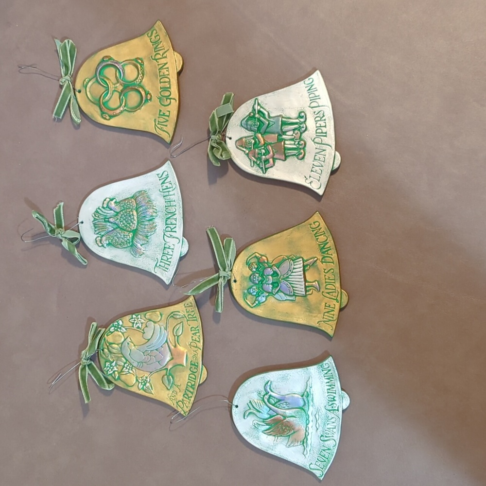 Set of 6 Double Sided Ceramic 12 Days of Christmas Ornaments Bell Shaped Vintage